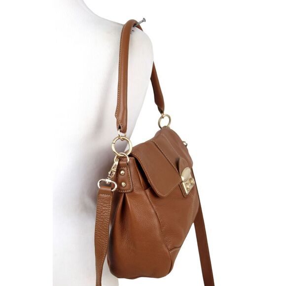 Nine West BROWN GENUINE LEATHER FLAP LOGO SHOULDER BAG HANDBAG HOBO PURSE - Picture 3 of 16